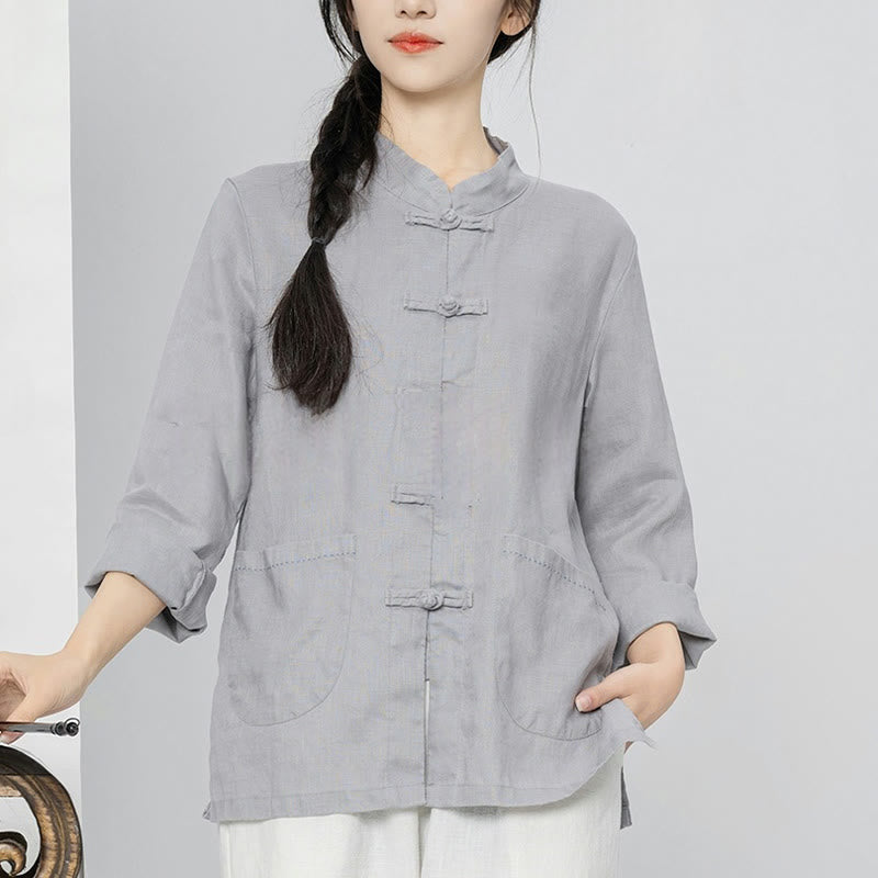 Buddha Stones Solid Color Frog-button Long Sleeve Linen Women's Shirts With Pockets - image 8