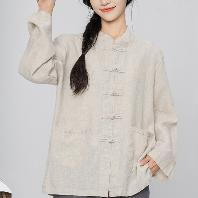 Buddha Stones Solid Color Frog-button Long Sleeve Linen Women's Shirts With Pockets - image 14