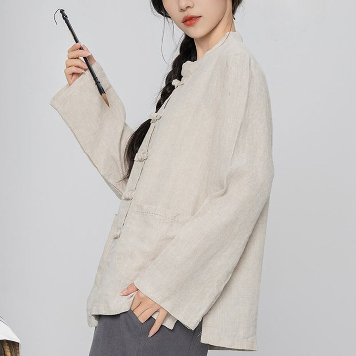 Buddha Stones Solid Color Frog-button Long Sleeve Linen Women's Shirts With Pockets - PapayaWhip - US4，UK/AU8，EU36 (L) - image 13