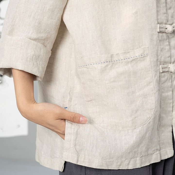 Buddha Stones Solid Color Frog-button Long Sleeve Linen Women's Shirts With Pockets - image 16