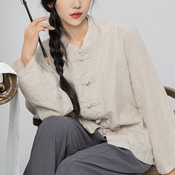 Buddha Stones Solid Color Frog-button Long Sleeve Linen Women's Shirts With Pockets - image 20