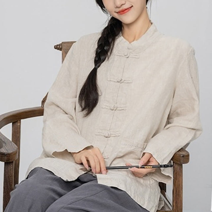Buddha Stones Solid Color Frog-button Long Sleeve Linen Women's Shirts With Pockets - image 15