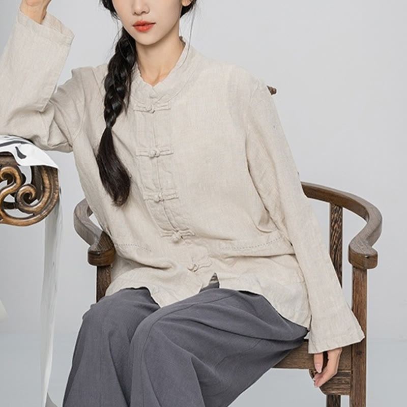 Buddha Stones Solid Color Frog-button Long Sleeve Linen Women's Shirts With Pockets - image 19