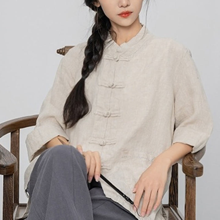 Buddha Stones Solid Color Frog-button Long Sleeve Linen Women's Shirts With Pockets - image 17