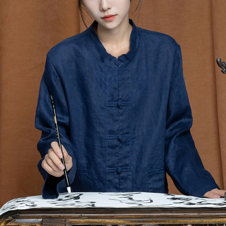 Buddha Stones Solid Color Frog-button Long Sleeve Linen Women's Shirts With Pockets - DarkSlateBlue - US4，UK/AU8，EU36 (L) - image 29