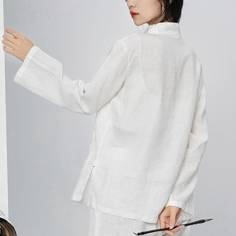 Buddha Stones Solid Color Frog-button Long Sleeve Linen Women's Shirts With Pockets - image 28