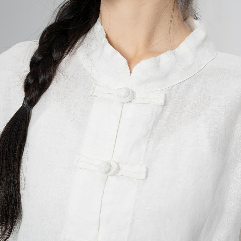 Buddha Stones Solid Color Frog-button Long Sleeve Linen Women's Shirts With Pockets - image 25
