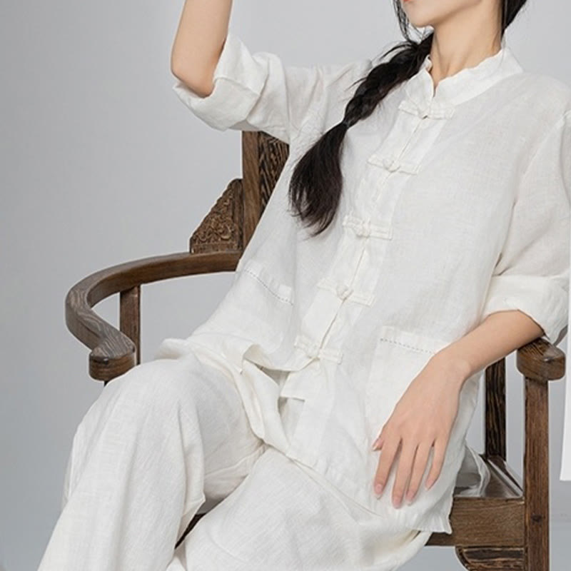 Buddha Stones Solid Color Frog-button Long Sleeve Linen Women's Shirts With Pockets - image 22