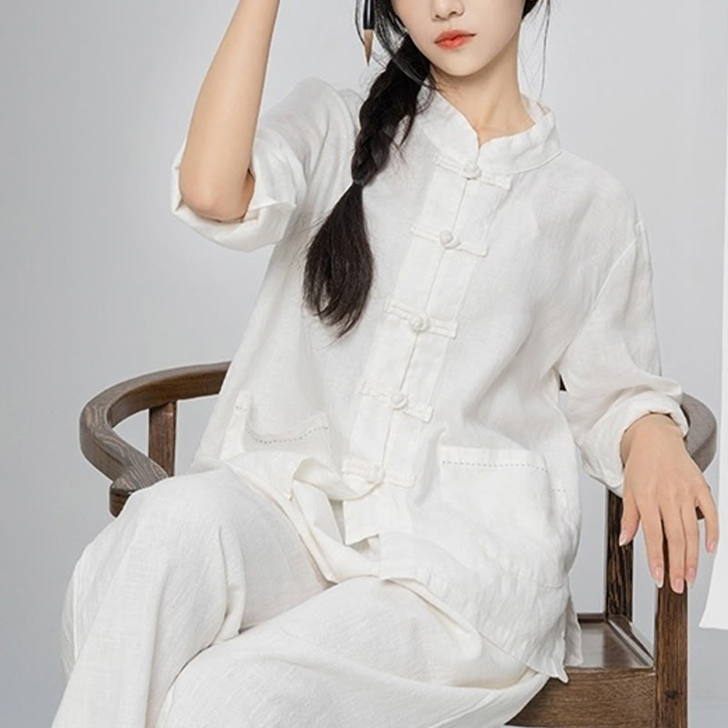 Buddha Stones Solid Color Frog-button Long Sleeve Linen Women's Shirts With Pockets - image 25