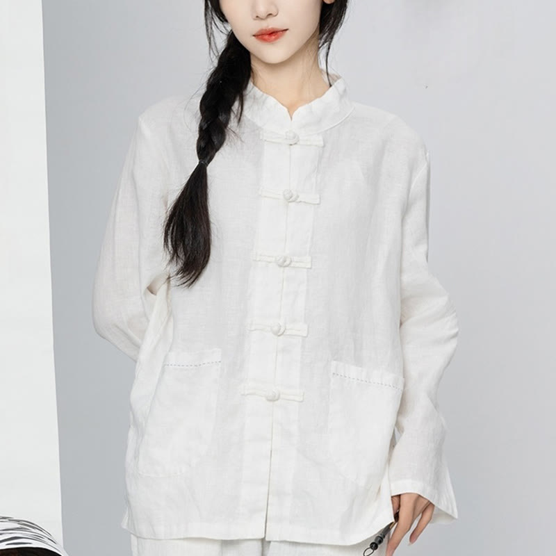 Buddha Stones Solid Color Frog-button Long Sleeve Linen Women's Shirts With Pockets - White - US4，UK/AU8，EU36 (L) - image 21