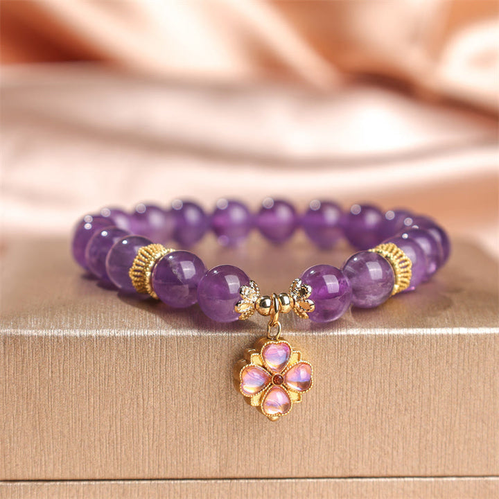 Buddha Stones Natural Amethyst Four Leaf Clover Charm Communication Bracelet