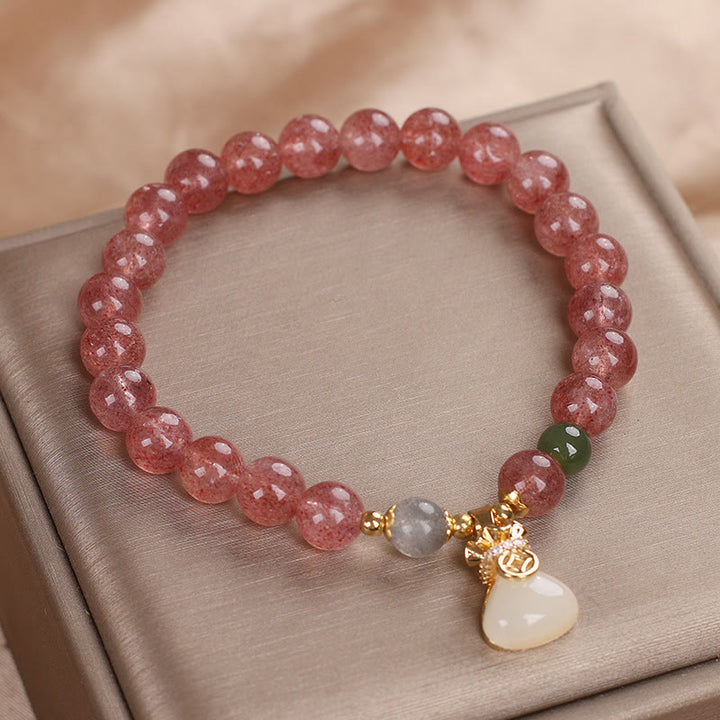 Buddha Stones Natural Strawberry Quartz Money Bag Charm Positive Bracelet