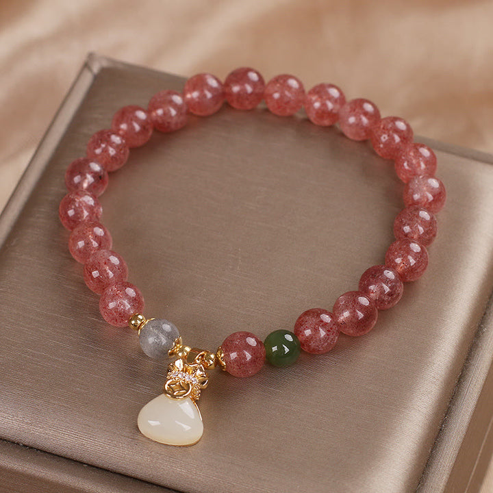 Buddha Stones Natural Strawberry Quartz Money Bag Charm Positive Bracelet