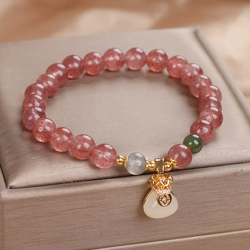 Buddha Stones Natural Strawberry Quartz Money Bag Charm Positive Bracelet