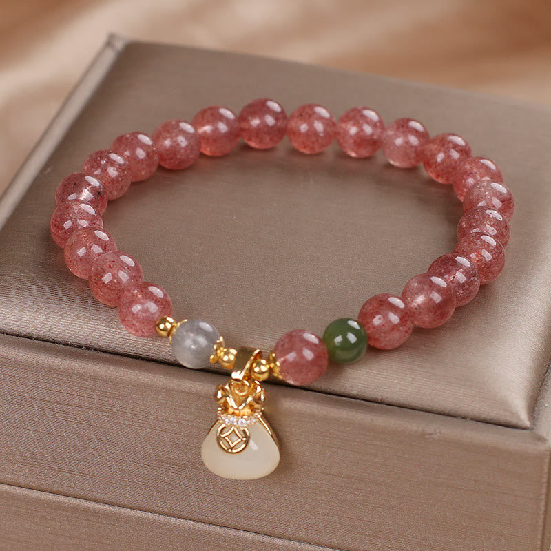 Buddha Stones Natural Strawberry Quartz Money Bag Charm Positive Bracelet