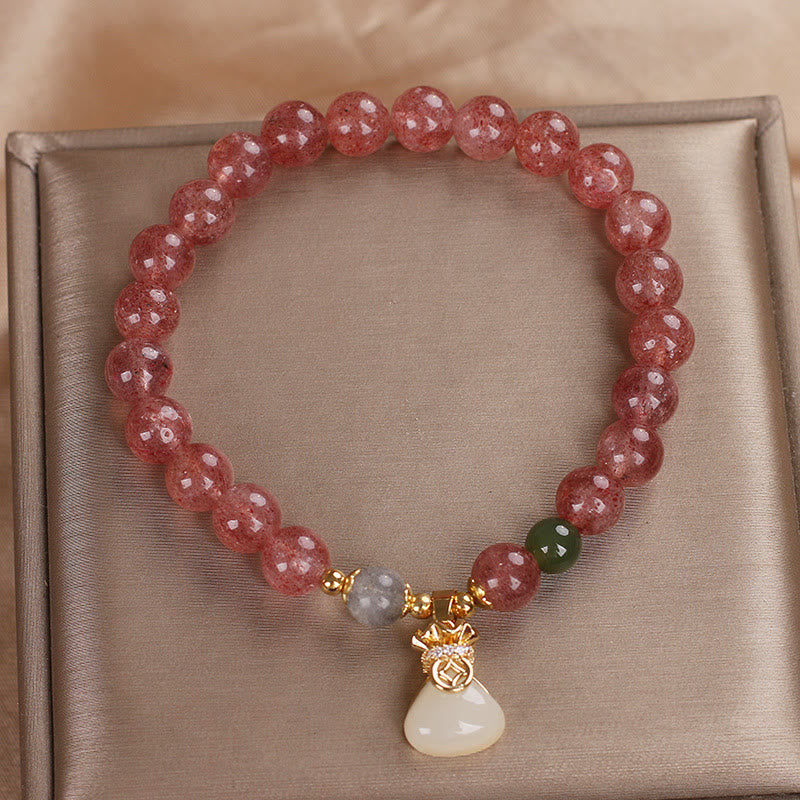 Buddha Stones Natural Strawberry Quartz Money Bag Charm Positive Bracelet