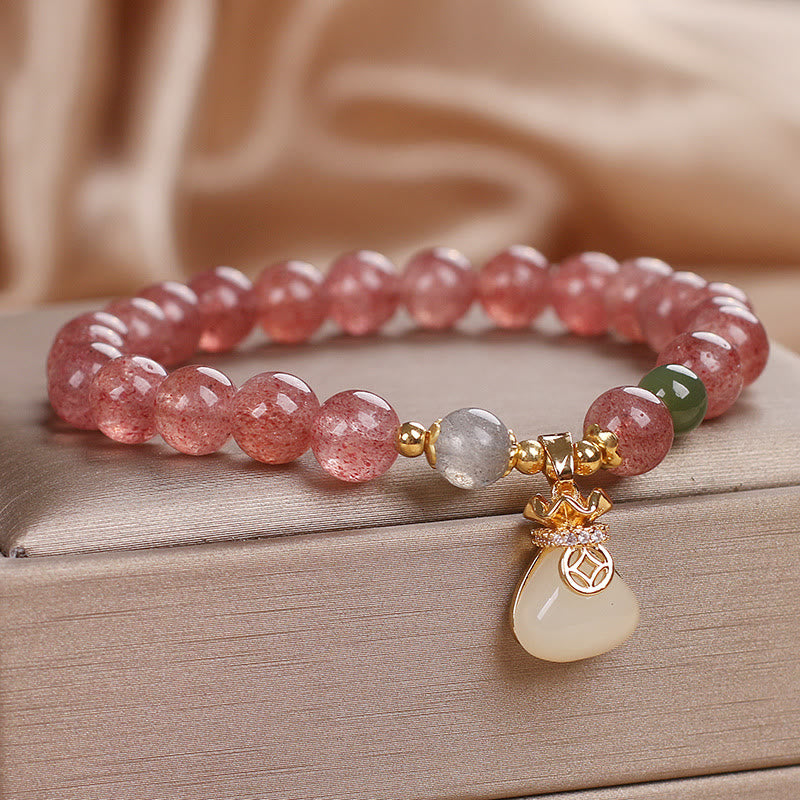 Buddha Stones Natural Strawberry Quartz Money Bag Charm Positive Bracelet