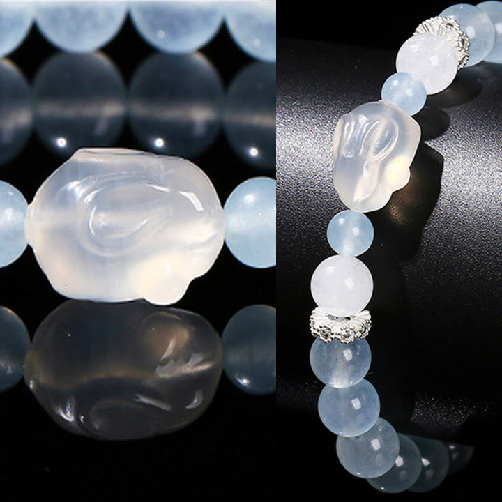 Buddha Stones Blue Chalcedony White Agate Rabbit Emotional Balance Bracelet