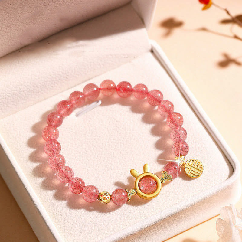 Buddha Stones Natural Strawberry Quartz Rabbit Fu Character Charm Love Bracelet