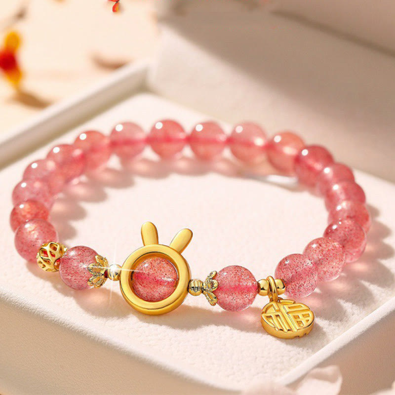 Buddha Stones Natural Strawberry Quartz Rabbit Fu Character Charm Love Bracelet