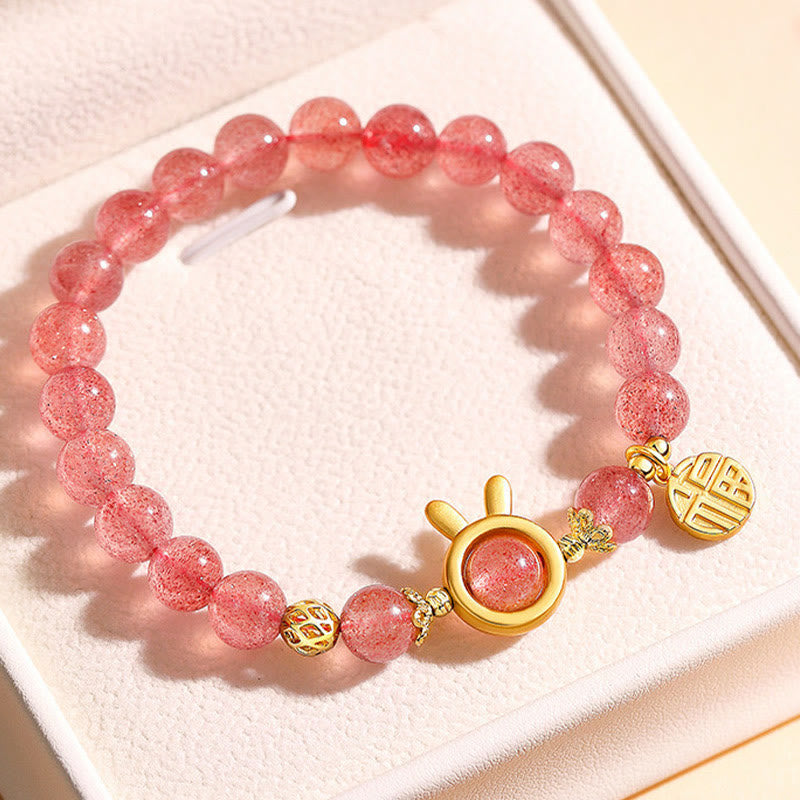 Buddha Stones Natural Strawberry Quartz Rabbit Fu Character Charm Love Bracelet