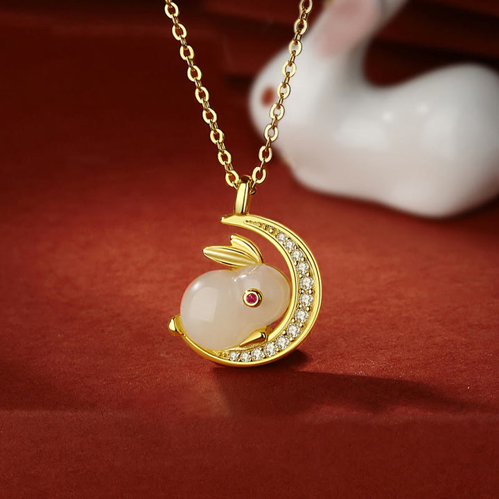 Buddha Stones 925 Sterling Silver Hetian White Jade Rabbit Crescent Moon Luck Necklace Pendant - Hetian White Jade(Protection♥Happiness) - image 0