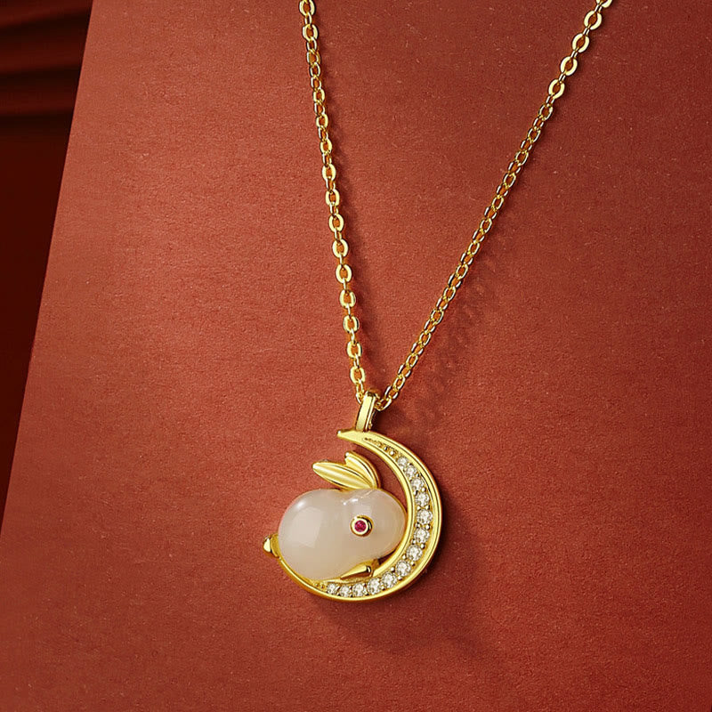 Buddha Stones 925 Sterling Silver Hetian White Jade Rabbit Crescent Moon Luck Necklace Pendant - image 4