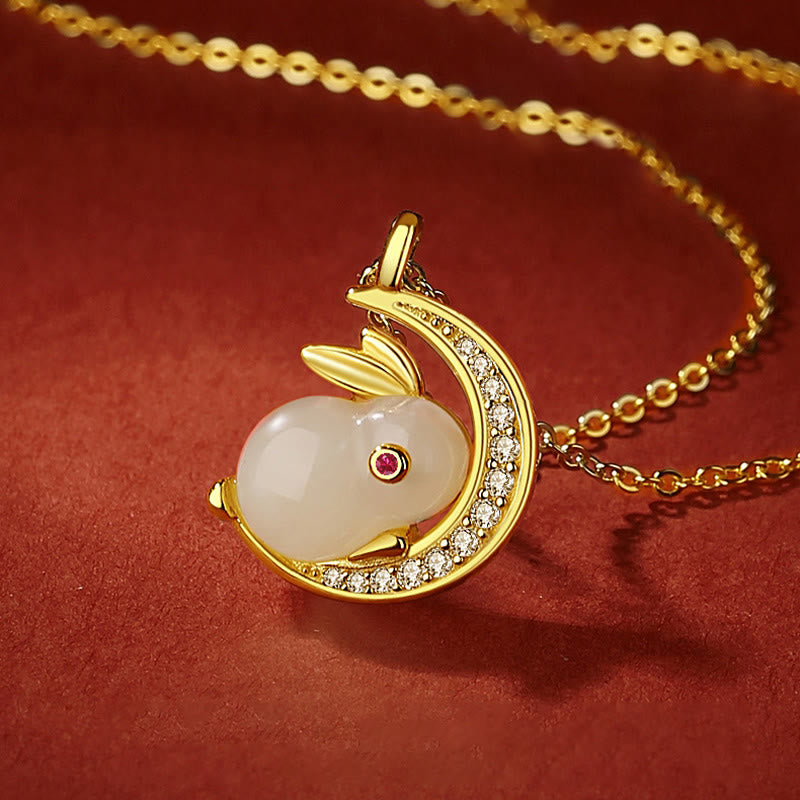 Buddha Stones 925 Sterling Silver Hetian White Jade Rabbit Crescent Moon Luck Necklace Pendant - image 1