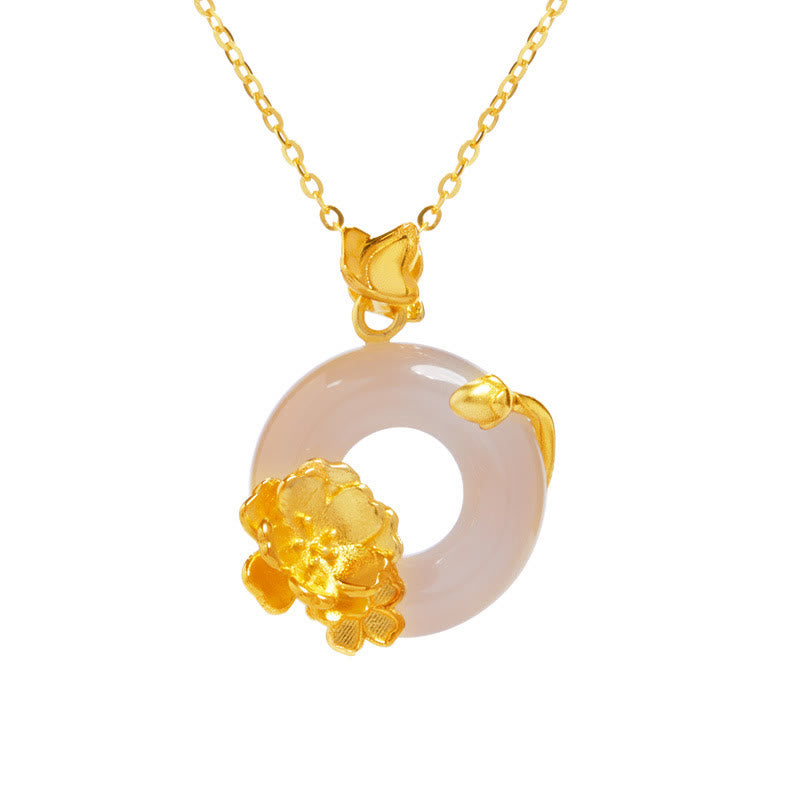 Buddha Stones Natural 925 Sterling Silver White Chalcedony Peace Buckle Peach Blossom Butterfly Positive Necklace Pendant - image 12