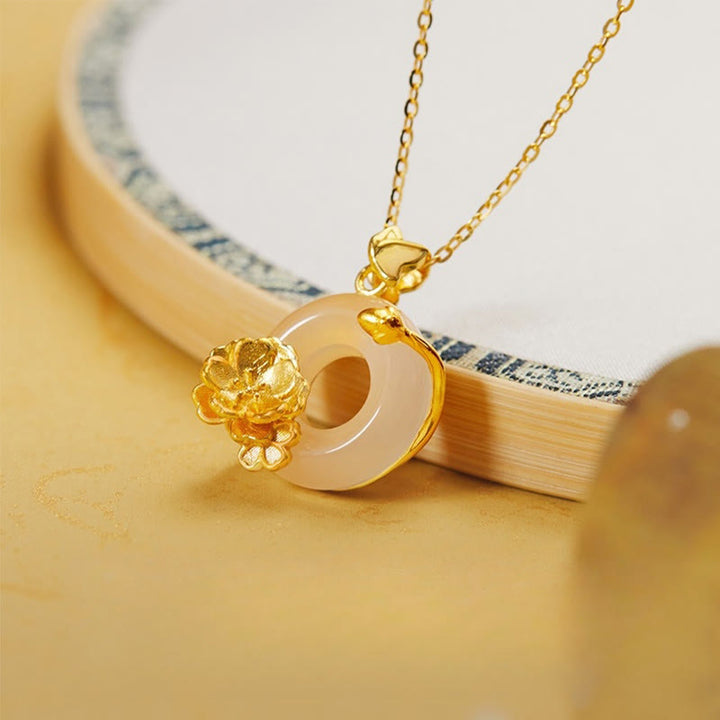 Buddha Stones Natural 925 Sterling Silver White Chalcedony Peace Buckle Peach Blossom Butterfly Positive Necklace Pendant - image 2