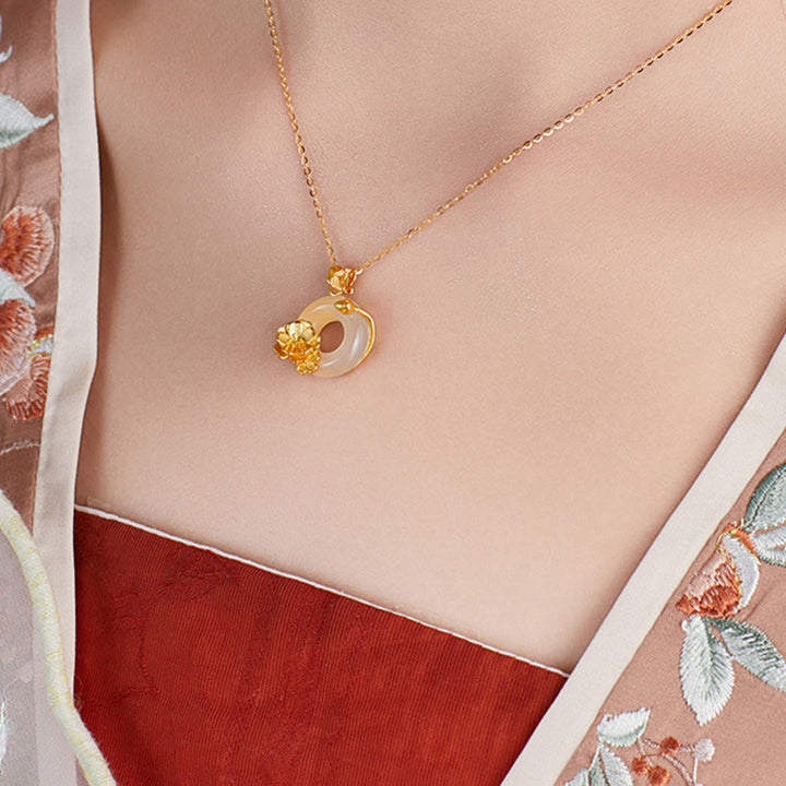 Buddha Stones Natural 925 Sterling Silver White Chalcedony Peace Buckle Peach Blossom Butterfly Positive Necklace Pendant - image 9