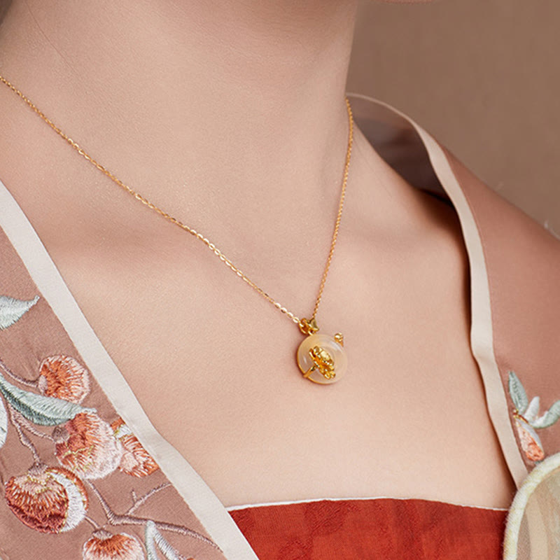 Buddha Stones Natural 925 Sterling Silver White Chalcedony Peace Buckle Peach Blossom Butterfly Positive Necklace Pendant - image 4