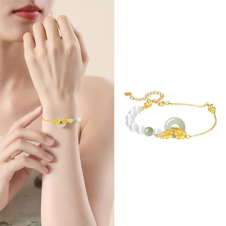 Buddha Stones 999 Sterling Silver Natural Hetian Jade Peace Buckle Peach Blossom Luck Bracelet - image 4