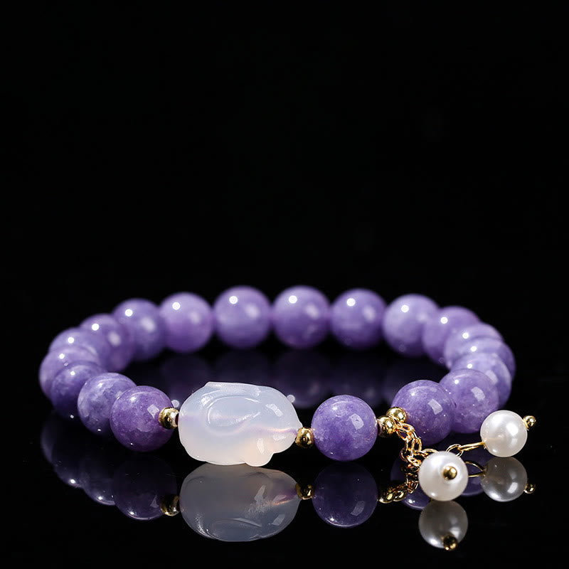 Buddha Stones Natural Purple Aquamarine Chalcedony Rabbit Healing Bead Bracelet