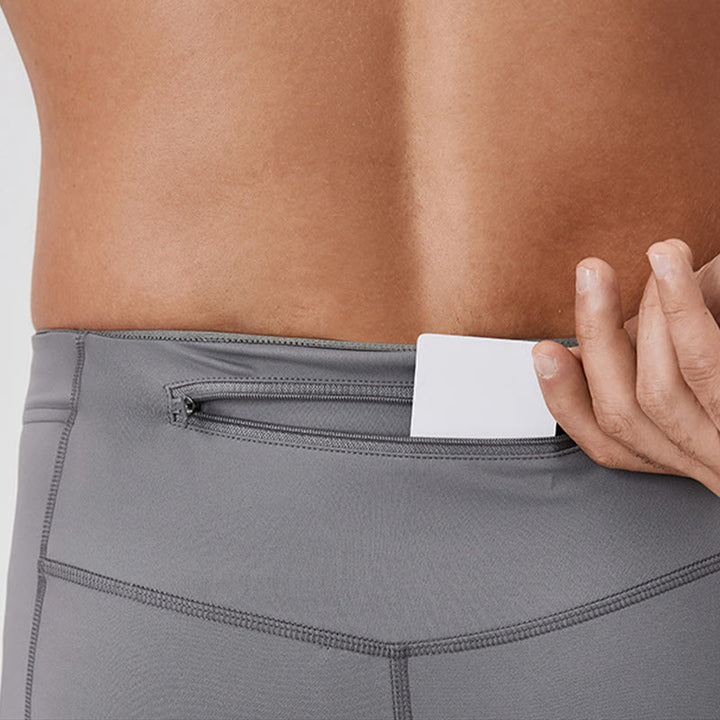 Buddha Stones Solid Color High Waist Elastic Breathable Sports Men's Leggings Pants With Back Zipper Pocket - image 9