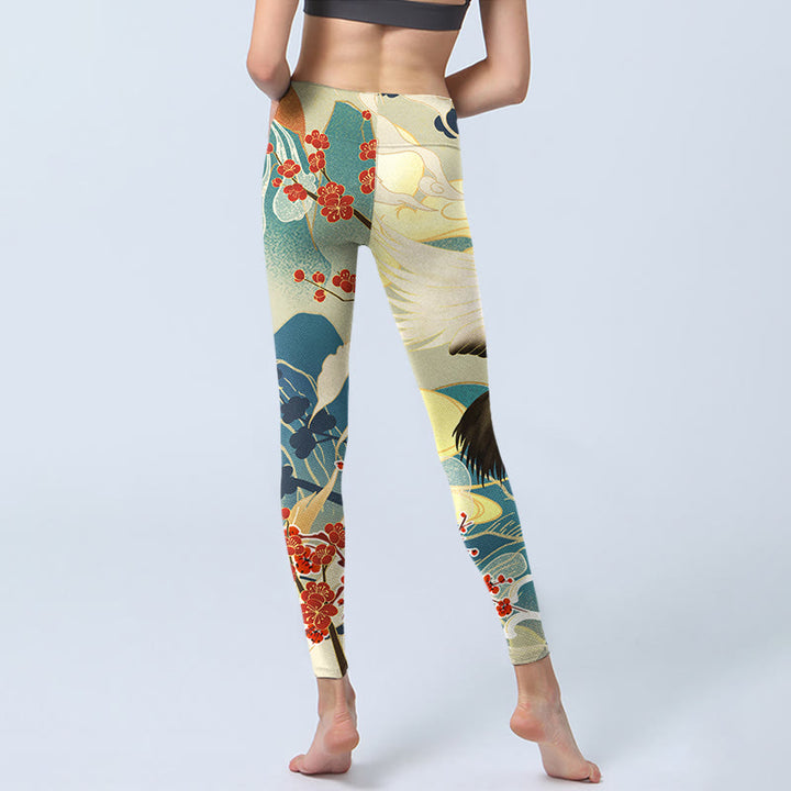 Buddha Stones Cranes Plum Blossoms Mountains Print Gym Leggings Women's Yoga Pants