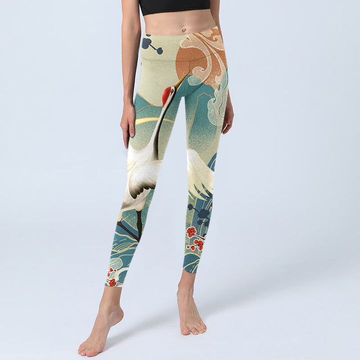 Buddha Stones Cranes Plum Blossoms Mountains Print Gym Leggings Women's Yoga Pants