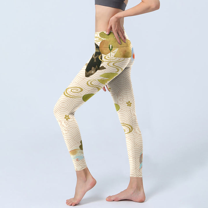 Buddha Stones Koi Fish Lotus Leaves Print Gym Leggings Women's Yoga Pants