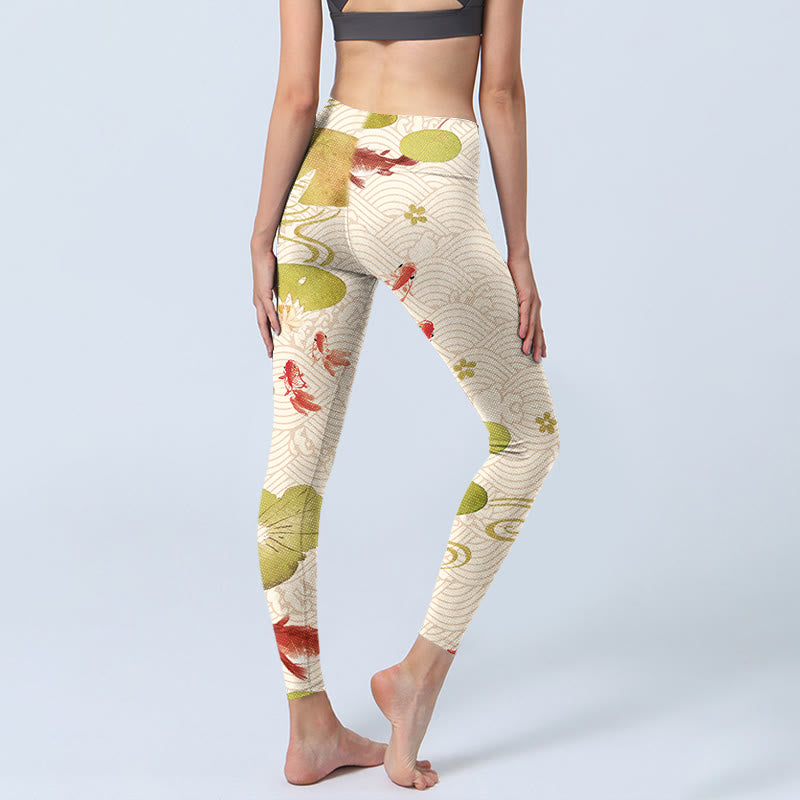 Buddha Stones Koi Fish Lotus Leaves Print Gym Leggings Women's Yoga Pants