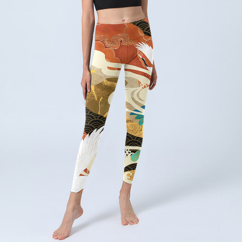 Buddha Stones Red-crowned Crane Auspicious Clouds Pine Tree Print Gym Leggings Women's Yoga Pants - image 6