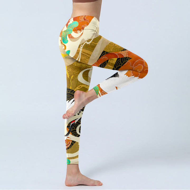 Buddha Stones Red-crowned Crane Auspicious Clouds Pine Tree Print Gym Leggings Women's Yoga Pants