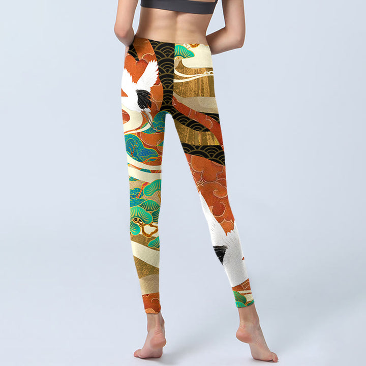 Buddha Stones Red-crowned Crane Auspicious Clouds Pine Tree Print Gym Leggings Women's Yoga Pants