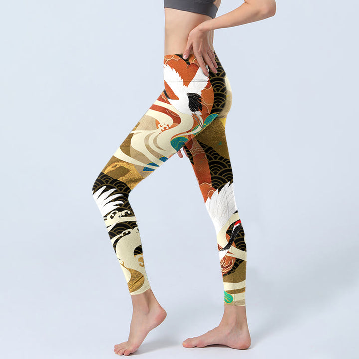 Buddha Stones Red-crowned Crane Auspicious Clouds Pine Tree Print Gym Leggings Women's Yoga Pants - image 3