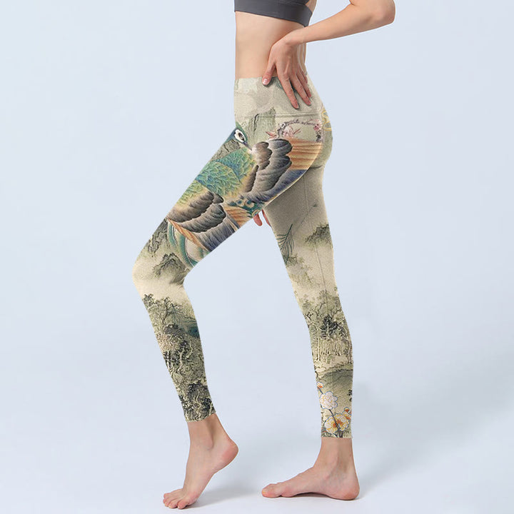 Buddha Stones Peacock Auspicious Clouds Mountain Flowers Print Gym Leggings Women's Yoga Pants