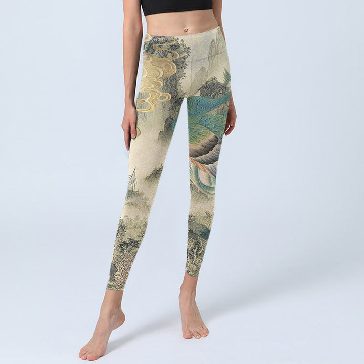 Buddha Stones Peacock Auspicious Clouds Mountain Flowers Print Gym Leggings Women's Yoga Pants - image 5