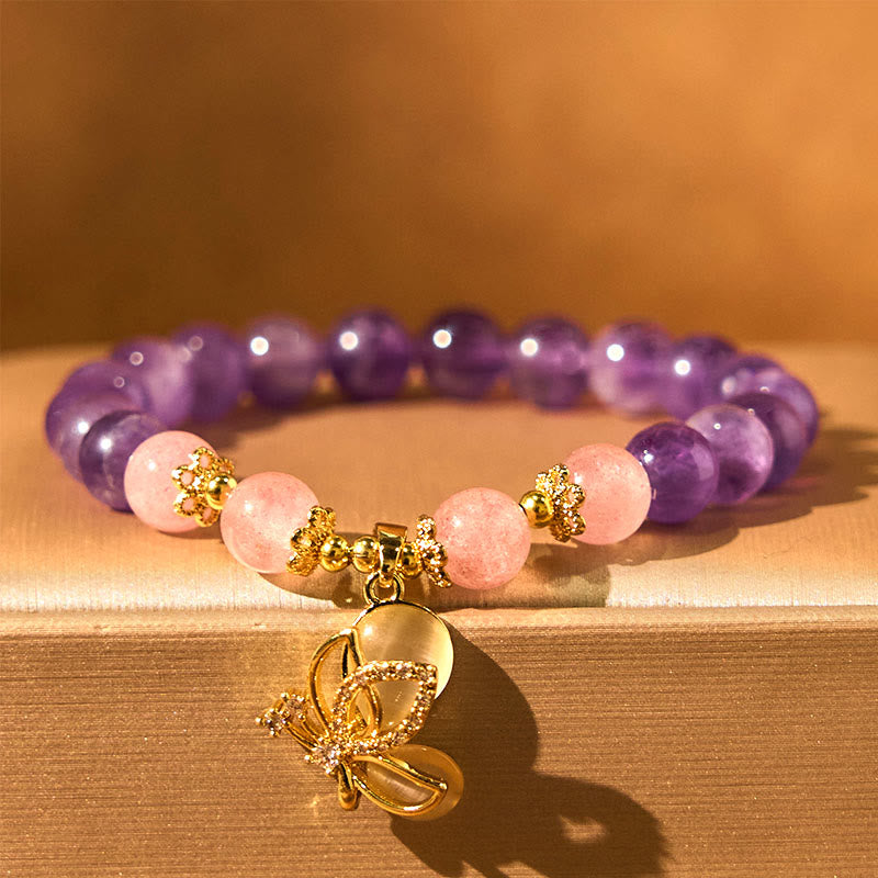 Buddha Stones Natural Amethyst Strawberry Quartz Crystal Healing Butterfly Charm Bracelet