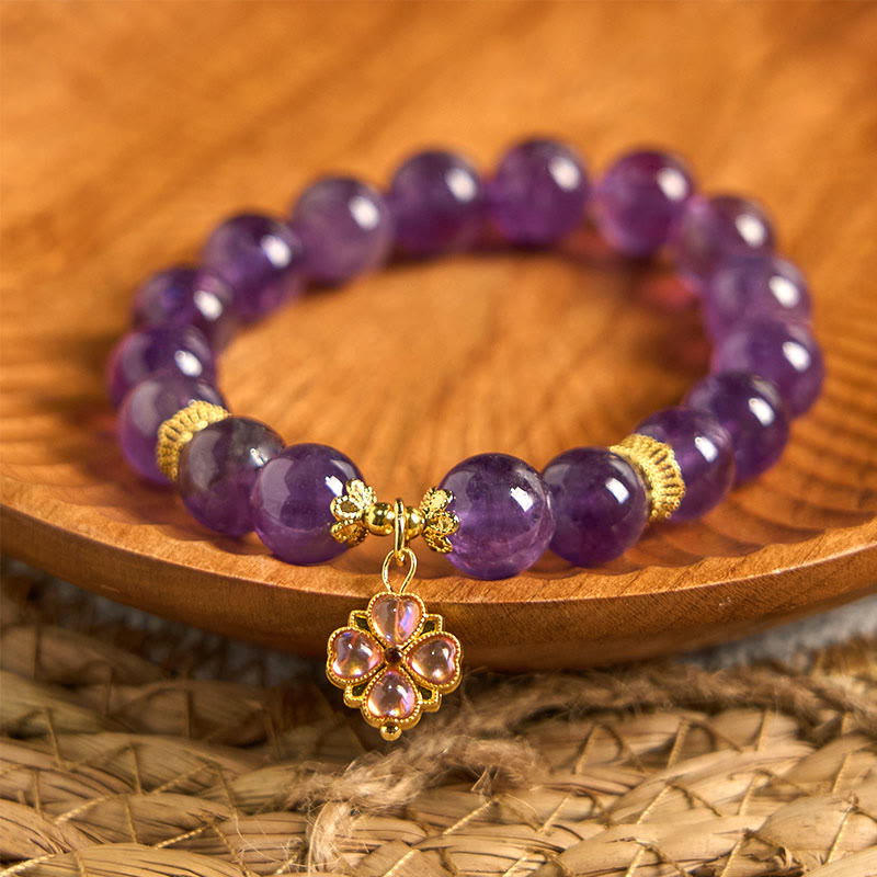 Buddha Stones Natural Amethyst Four Leaf Clover Charm Communication Bracelet