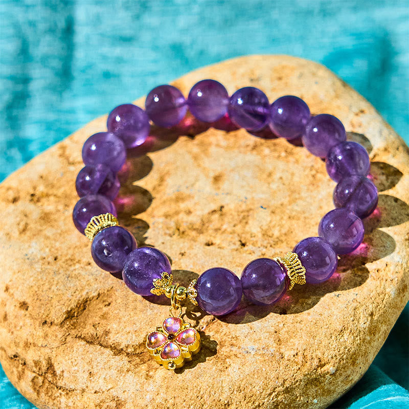 Buddha Stones Natural Amethyst Four Leaf Clover Charm Communication Bracelet