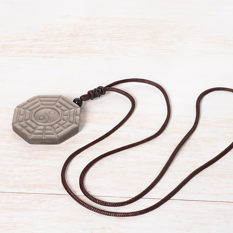 Buddha Stones Silver Sheen Obsidian Bagua Yin Yang Symbol Protection Necklace Pendant - image 4