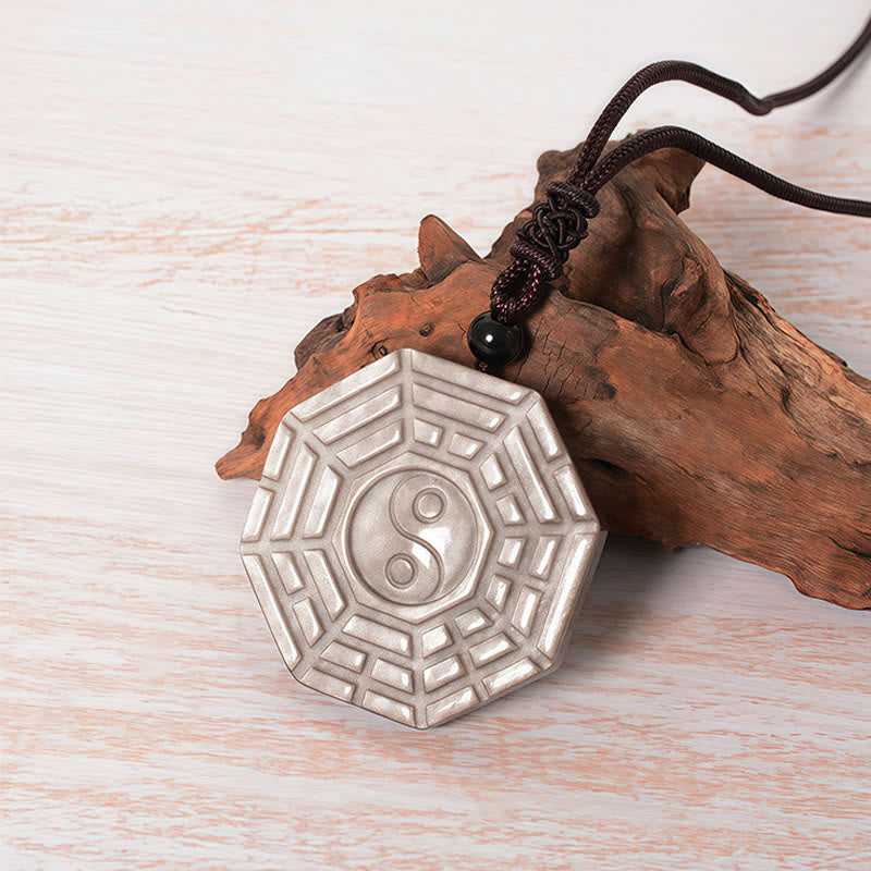 Buddha Stones Silver Sheen Obsidian Bagua Yin Yang Symbol Protection Necklace Pendant - image 2